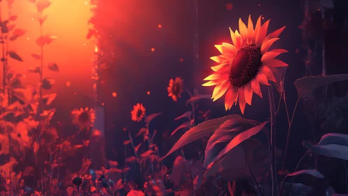 Backlit sunflower bloom under dramatic red-orange rim light