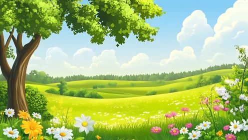 Sunny flower meadow under bright blue summer sky.