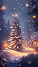 Snow-covered Christmas tree with warm cottage and soft bokeh glow