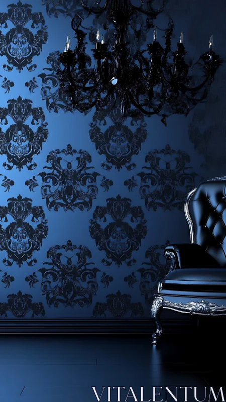 Midnight baroque lounge with black chandelier and chair.