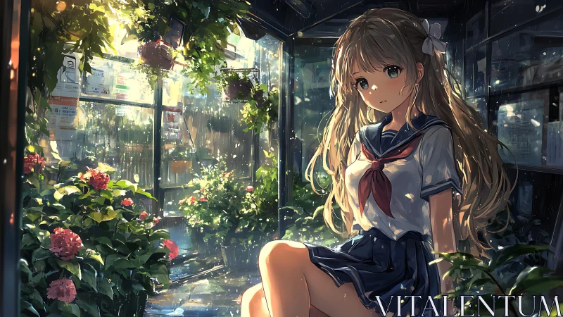 Schoolgirl rests in rainlit greenhouse garden interior