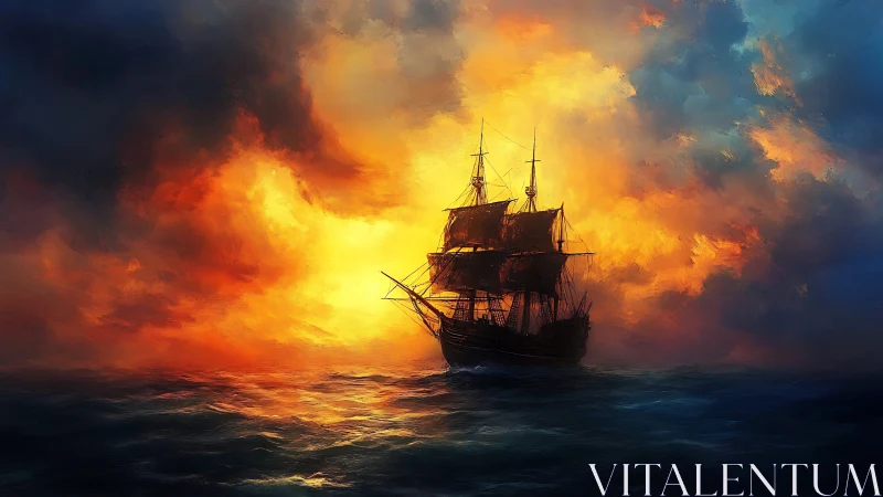 Tall ship silhouette against blazing sunset seascape.