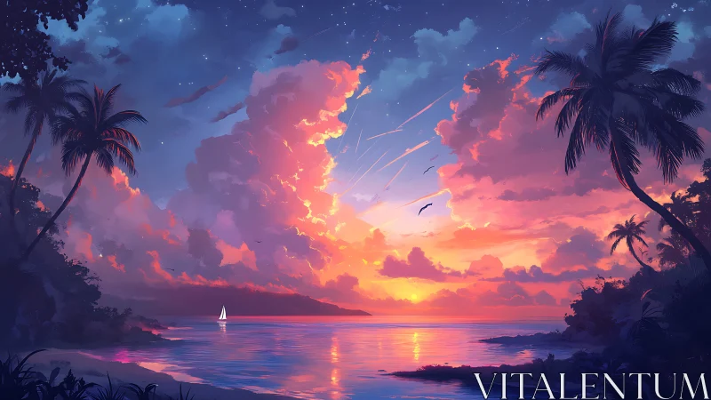 Sailboat drifting through neon-tinted tropical twilight clouds.