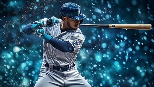 Baseball batter in mid-swing with stylized blue backdrop.