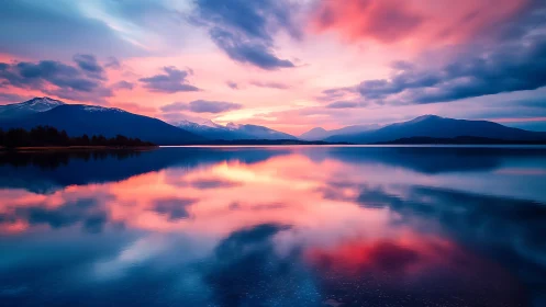 Twilight reflections across tranquil alpine lake panorama.