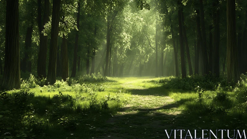 Sunlit Forest Cathedral Where Ancient Trees Frame Nature's Glowing Pathway