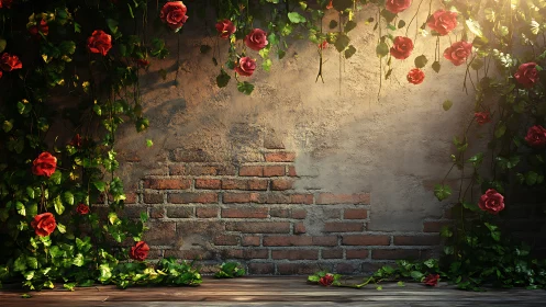 Hanging Red Roses Against Weathered Brick Wall With Wooden Flooring