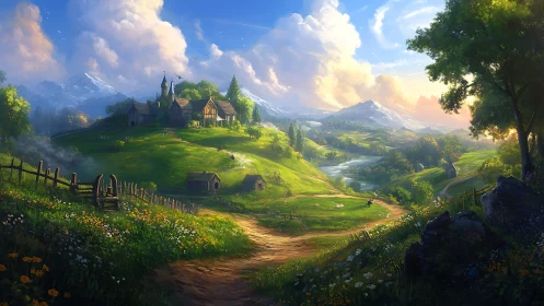 Luminous alpine valley landscape with clustered hilltop village.