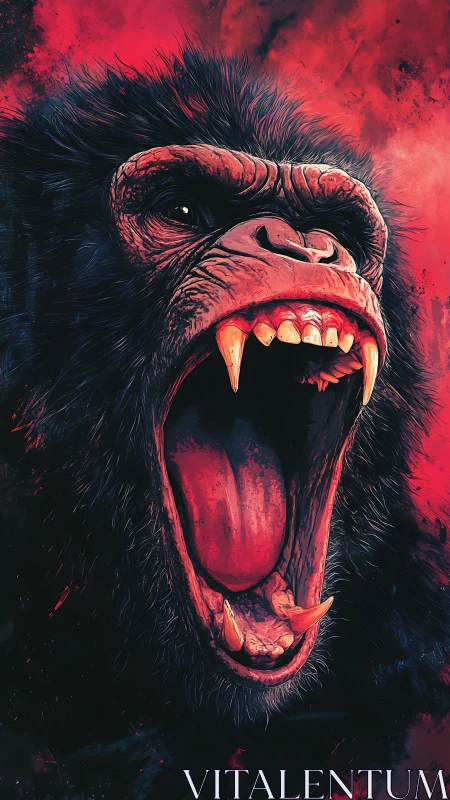 Gorilla head illustration with open mouth and extended fangs.