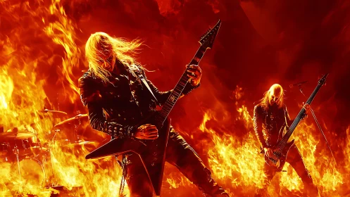 Heavy Metal Musicians in Flames. Dramatic Concert Performance Art.