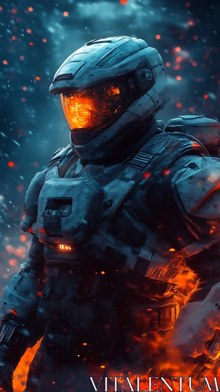 Armored sci fi soldier strides through molten battlefield.