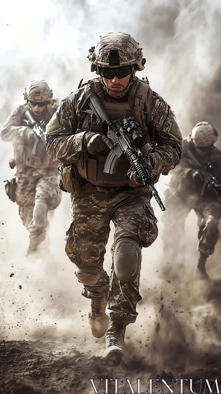 Soldiers in combat gear run forward through dense battlefield dust