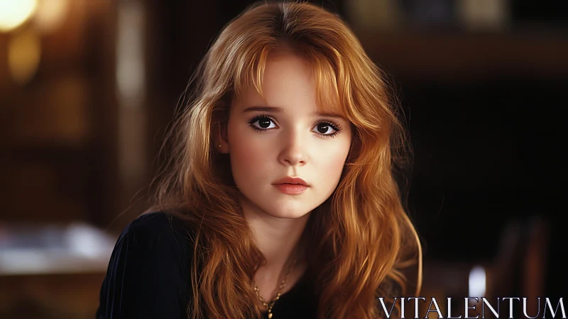 Soft-lit portrait captures a red-haired girl in quiet reflection