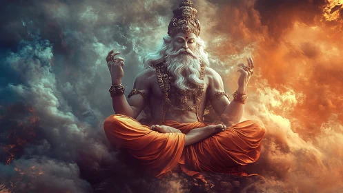 Serene celestial sage meditating between stormy skies.
