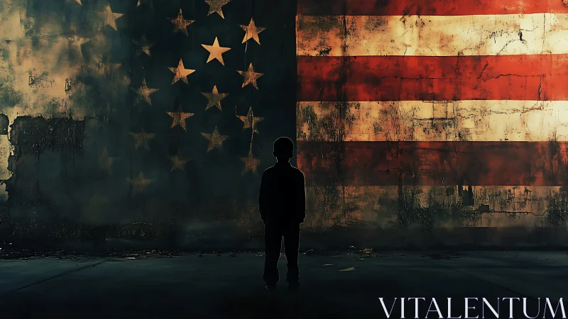 Silhouetted child studies distressed American flag mural at dusk