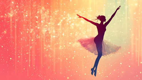 Silhouetted ballerina leaping through radiant pastel light field.