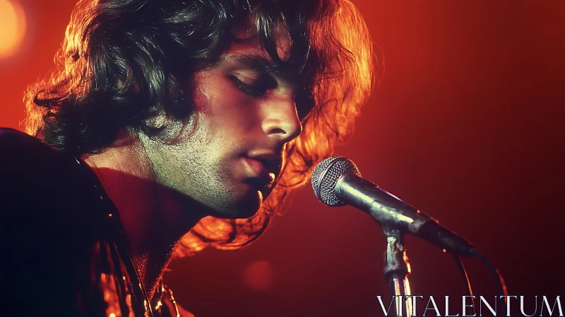 Moody singer leans into vintage mic under fiery stage glow