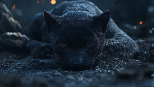 Black Panther Prowling Through Nightfall Shadows.