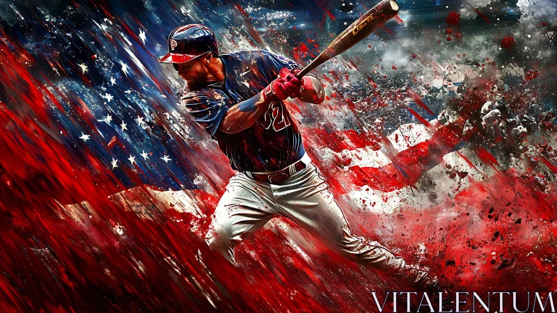 Baseball hitter swings bat over abstract American flag background