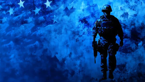 Silhouetted armed soldier walks before blue flag backdrop