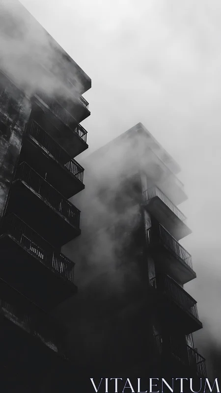 Fog-shrouded tower balconies in stark monochrome abstraction.