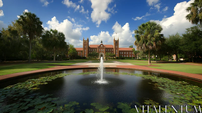 Historic brick campus framed by palms and reflecting pond.