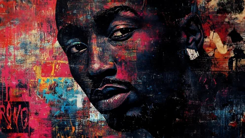Bold urban portrait in layered abstract textures.
