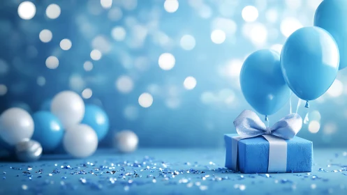 Blue Gift Box with Balloons in Celebratory Scene.