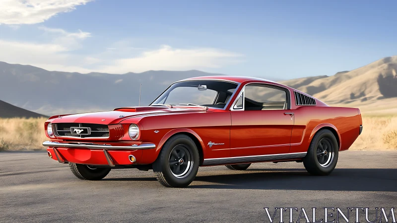 Red classic Ford Mustang fastback parked on open road.