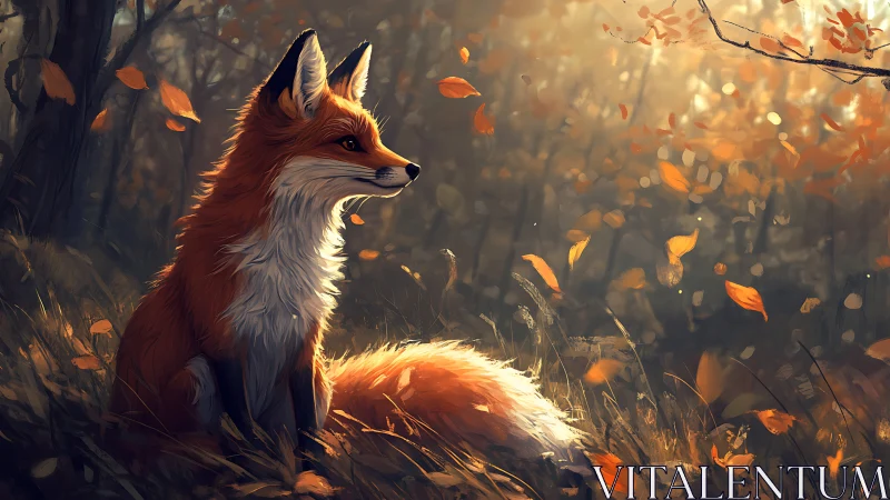 Serene red fox watches drifting leaves in autumn forest.