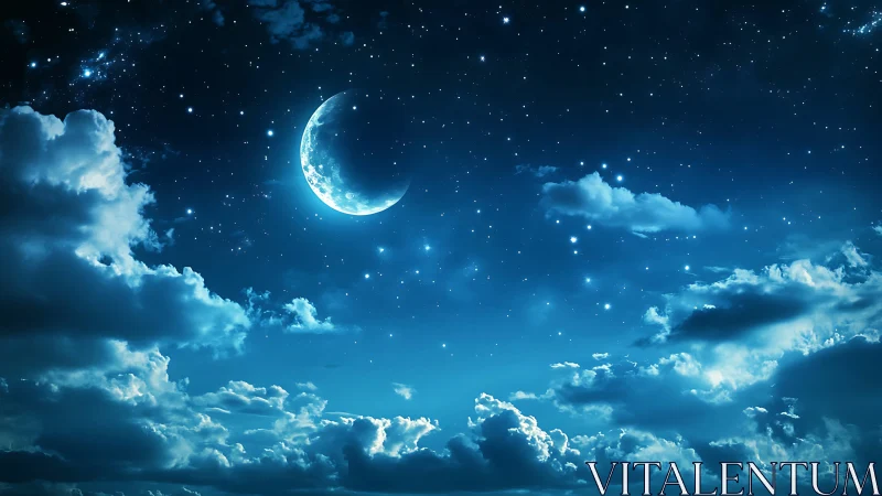 Crescent moon illuminates stratified clouds in a deep blue sky