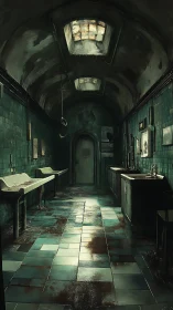 Abandoned tiled corridor with sinks and decayed ceiling.