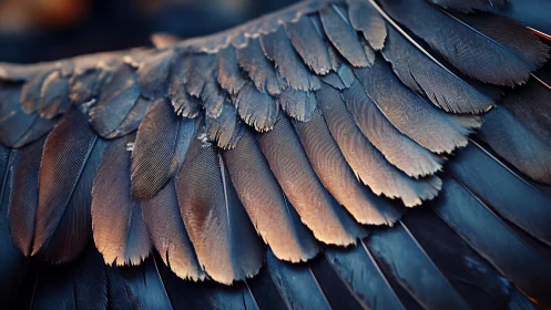 Close-up of bird wing feathers in natural light, artistic detail.
