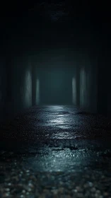 Wet corridor perspective with moody volumetric backlighting.