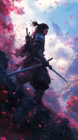 Lone samurai stands with drawn katana amid drifting blossoms.
