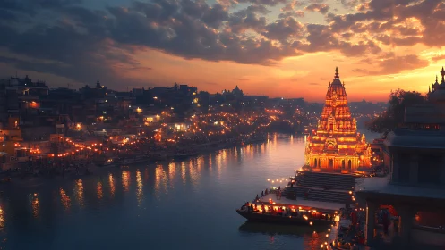 Illuminated riverside temple glows against a densely lit city at dusk