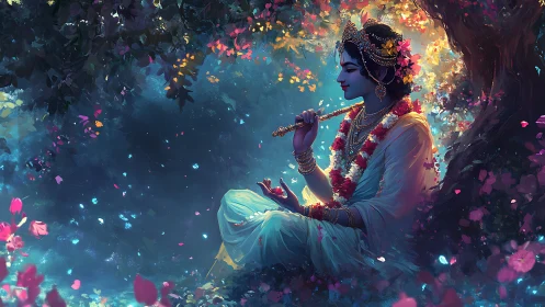 Luminous deity figure playing flute under foliage with bokeh light