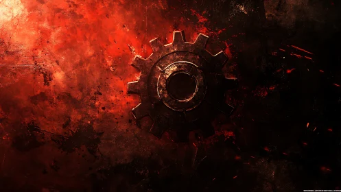 Burning gear emblem glowing in a storm of molten red light.