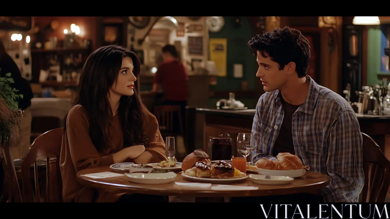 Intimate café dialogue over rustic breakfast setting.