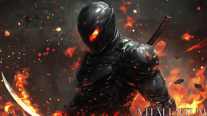 Armored cyber ninja in black suit amid rising flames.