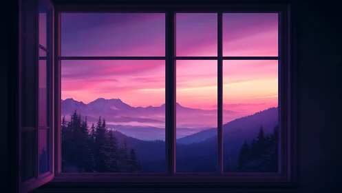 Window frame presents layered mountains under pink sky