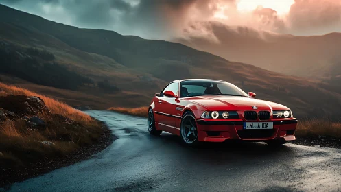 Red sports coupe enjoying a quiet mountain road at dusk.