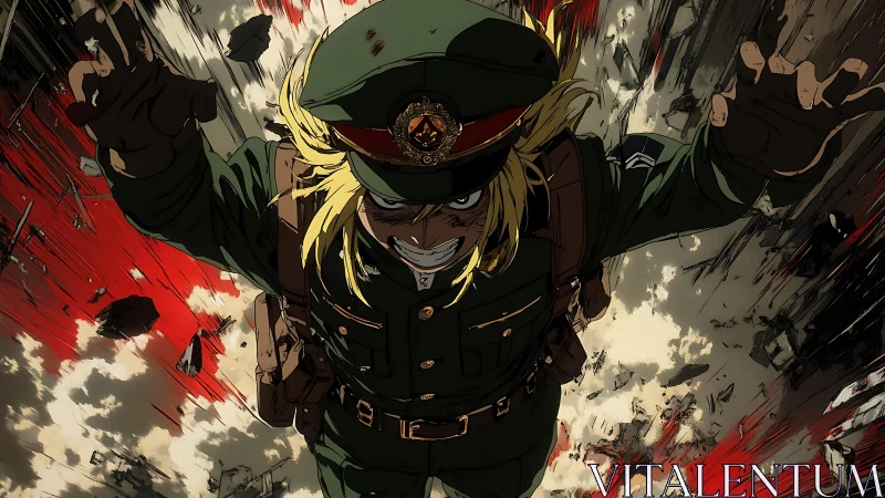 Military officer character descending amid explosion debris.