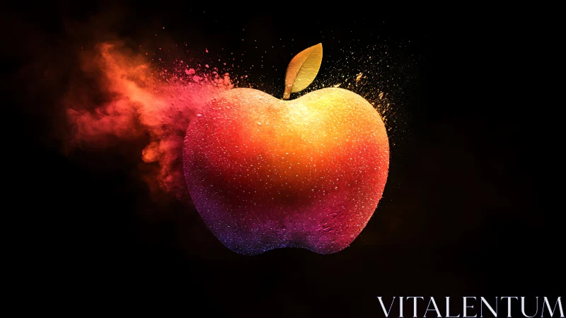 3D chromatic apple with dynamic color-burst dispersion.