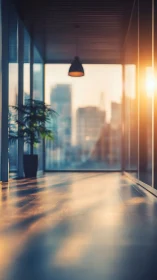 Sunlit office corridor glows with warm urban sunrise light