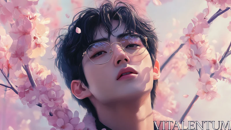 Androgynous portrait amid soft-focus pastel cherry blossoms