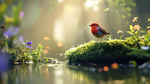 Robin on Mossy Rock in Magical Forest, Soft Focus Nature Art.