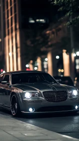 Luxury sedan cruises under city lights at night downtown.