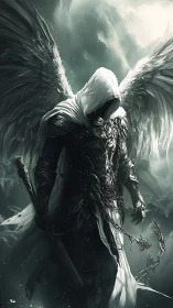 Hooded fallen angel in chained armor under stormlit sky.