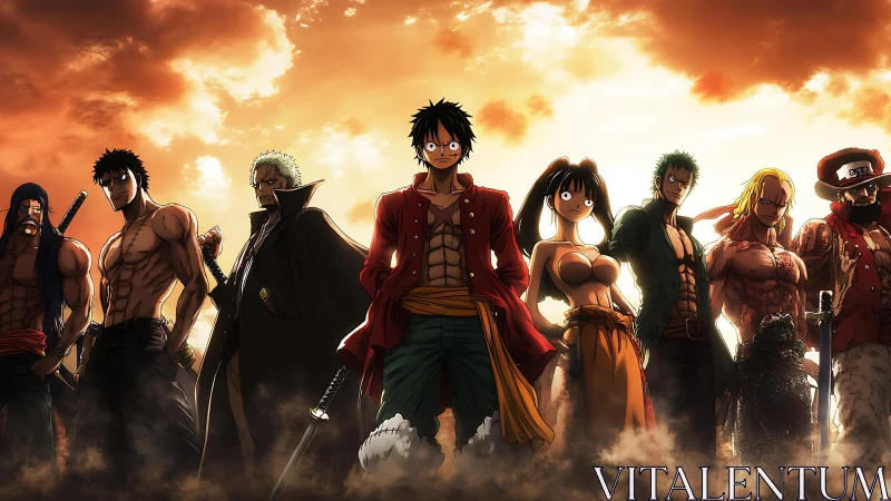 Group portrait of anime pirates against dramatic sky.